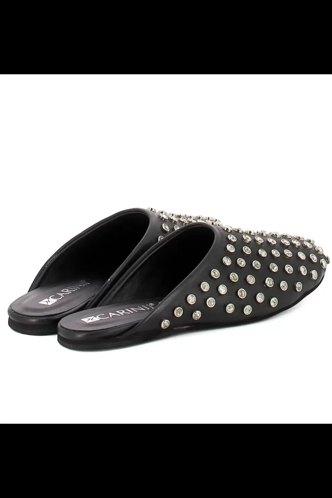 Damskie Carinii Skórzane Klapki Damskie | Eleganckie*Czarne klapki mule z kryształami --B9962-353-000-000-000