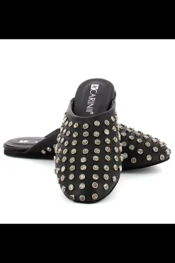 Damskie Carinii Skórzane Klapki Damskie | Eleganckie*Czarne klapki mule z kryształami --B9962-353-000-000-000