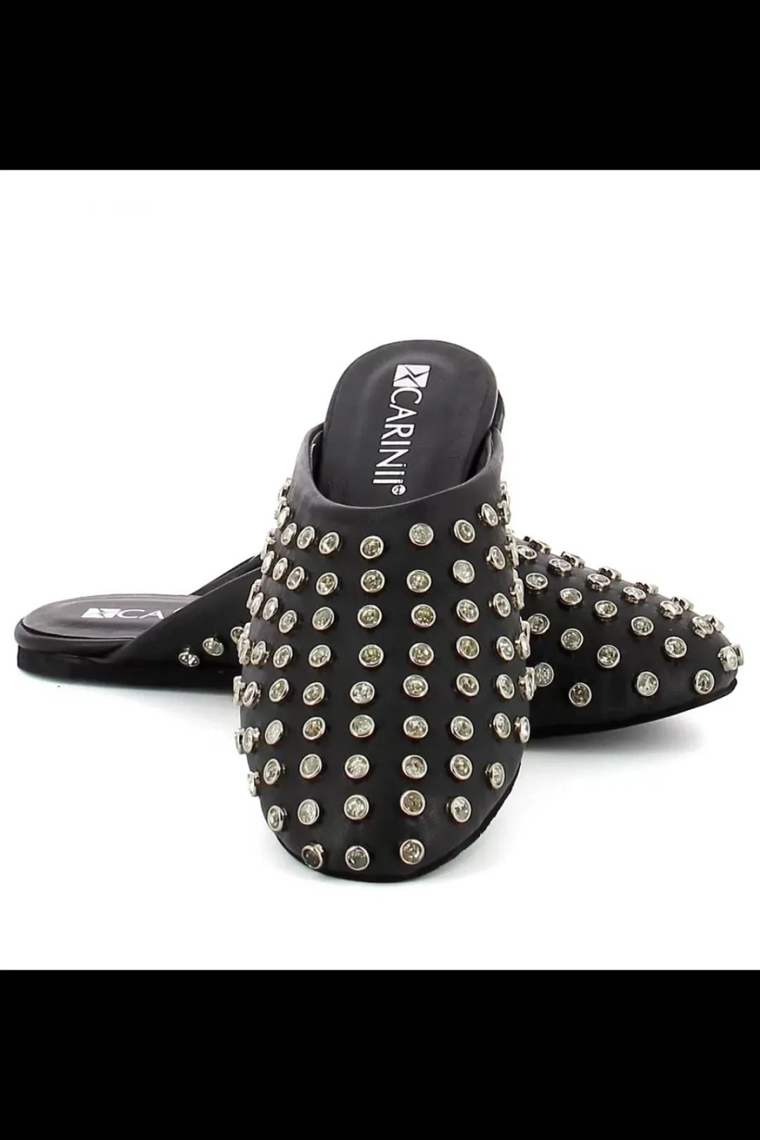 Damskie Carinii Skórzane Klapki Damskie | Eleganckie*Czarne klapki mule z kryształami --B9962-353-000-000-000