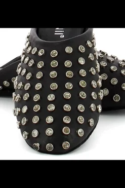 Damskie Carinii Skórzane Klapki Damskie | Eleganckie*Czarne klapki mule z kryształami --B9962-353-000-000-000