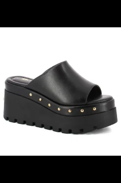 Damskie Carinii Skórzane Klapki Damskie | Eleganckie*Czarne skórzane klapki na koturnie --B9564-E50-000-000-G06