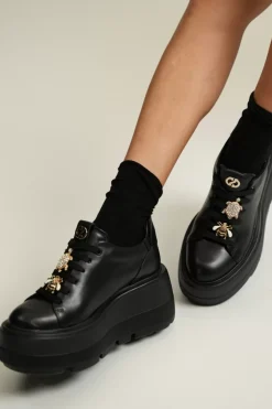 Damskie Carinii Skórzane Sneakersy Damskie | Na Platformie*Czarne sneakersy na platformie --B9589-E50-000-000-G36