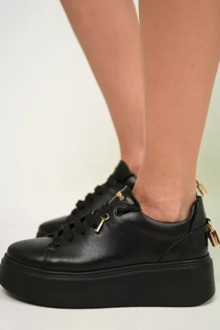 Damskie Carinii Skórzane Sneakersy Damskie | Na Platformie*Czarne sneakersy na platformie --B9580-E50-000-000-F69