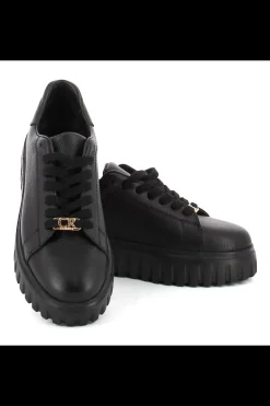 Damskie Carinii Skórzane Sneakersy Damskie | Czarne Sneakersy Damskie*Czarne sneakersy z blaszką --B10224-E50-000-000-000