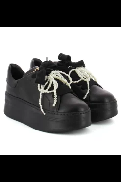 Damskie Carinii Skórzane Sneakersy Damskie | Na Platformie*Czarne sneakersy z kokardą --B10341-E50-000-000-000