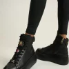 Damskie Carinii Skórzane Sneakersy Damskie | Na Platformie*Czarne wysokie sneakersy --B9180-J23-000-000-G23