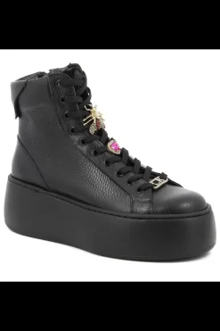 Damskie Carinii Skórzane Sneakersy Damskie | Na Platformie*Czarne wysokie sneakersy --B9180-J23-000-000-G23