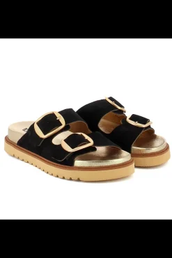 Carinii Eleganckie*Czarne zamszowe klapki --B9986-063-000-000-000
